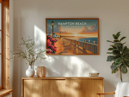 Hampton Beach Landscape Poster | State Park, New Hampshire Beach House Decor Wall Art — framed and ready to hang
