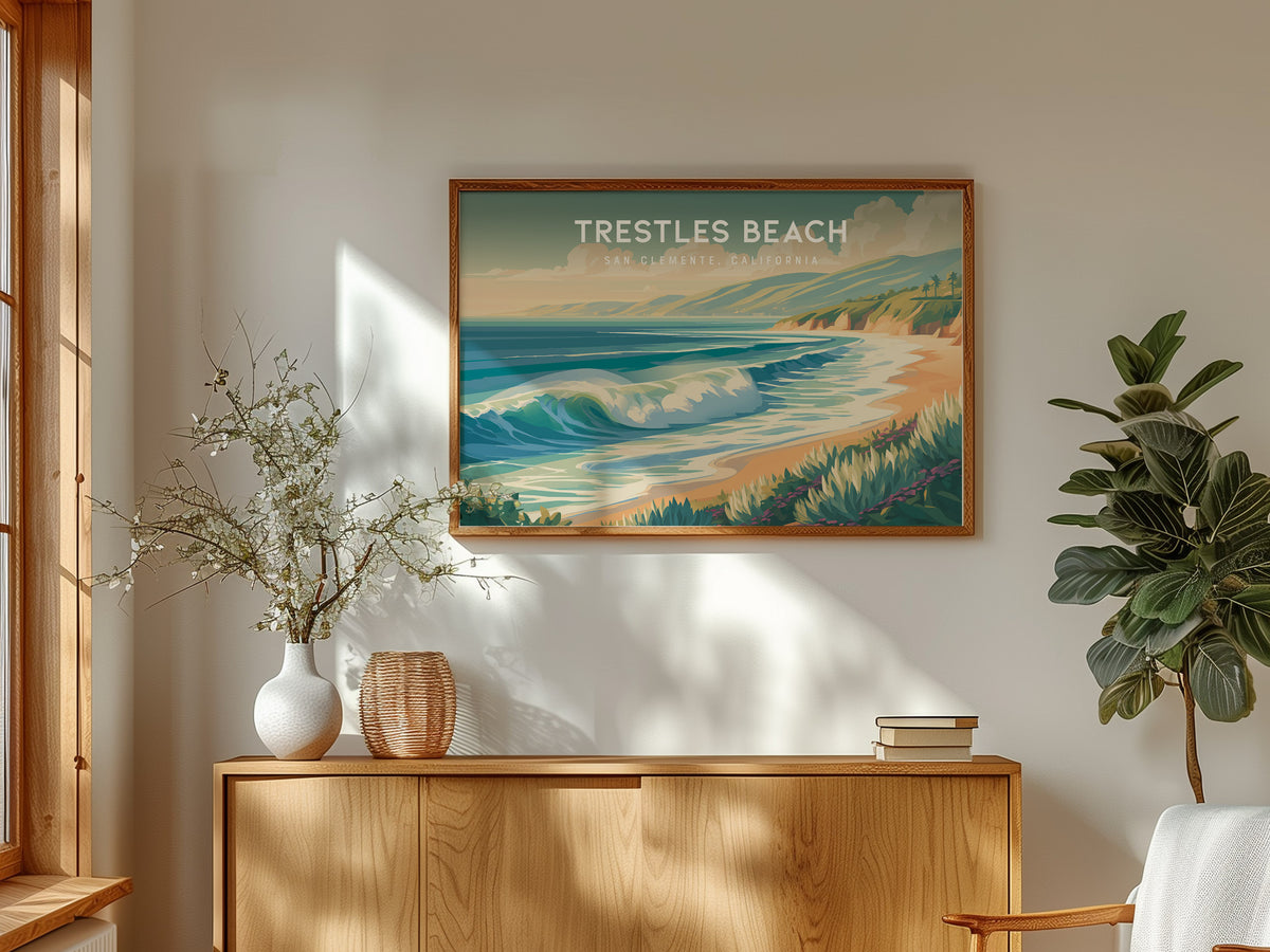 Trestles Beach Landscape, San Clemente, California Poster | Coastal Beach Decor Travel Gift Wall Art — framed and ready to ha