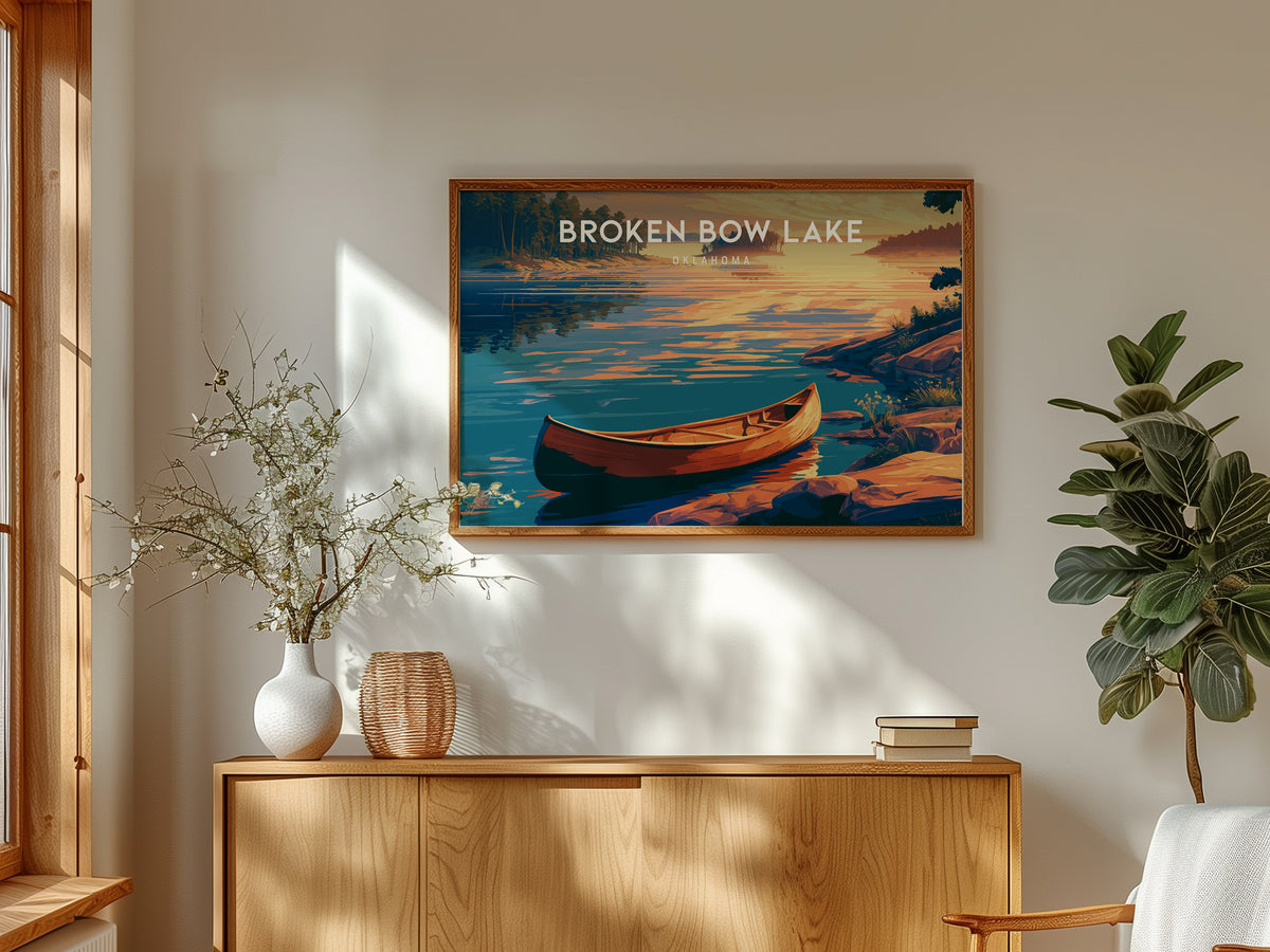 Broken Bow Lake, Oklahoma Landscape Poster | Lakeside Cabin & Pines Vacation Wall Art — framed and ready to hang