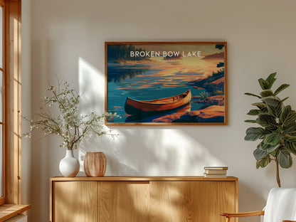 Broken Bow Lake, Oklahoma Landscape Poster | Lakeside Cabin & Pines Vacation Wall Art — framed and ready to hang