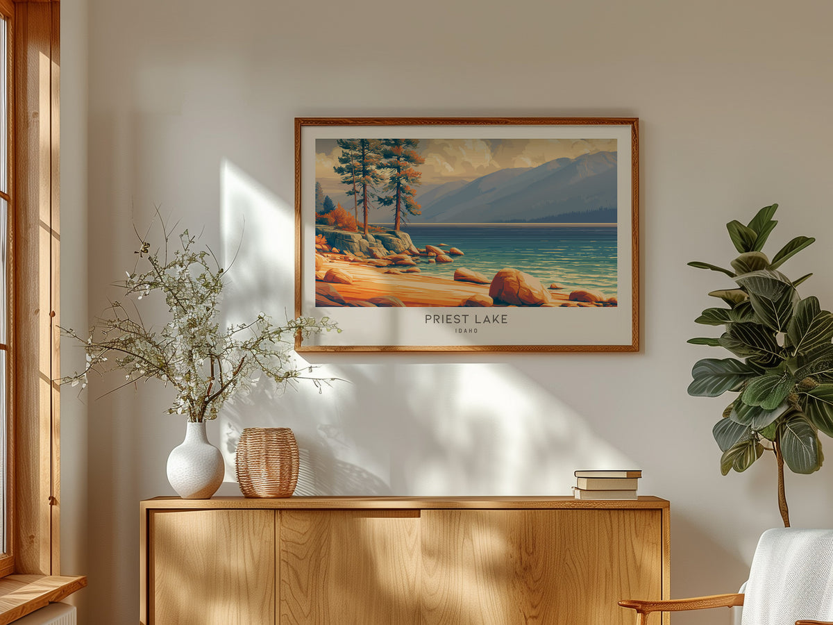 Priest Lake Landscape Matte Border Poster | Idaho Travel Gift Beach House Decor — framed and ready to hang