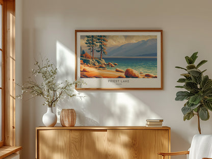 Priest Lake Landscape Matte Border Poster | Idaho Travel Gift Beach House Decor — framed and ready to hang