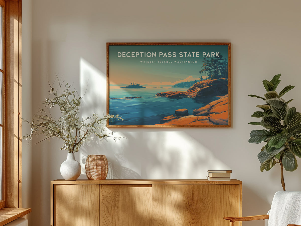 Deception Pass State Park Landscape Poster | Whidbey Island, Washington Pacific Northwest Beach House Decor — framed and read