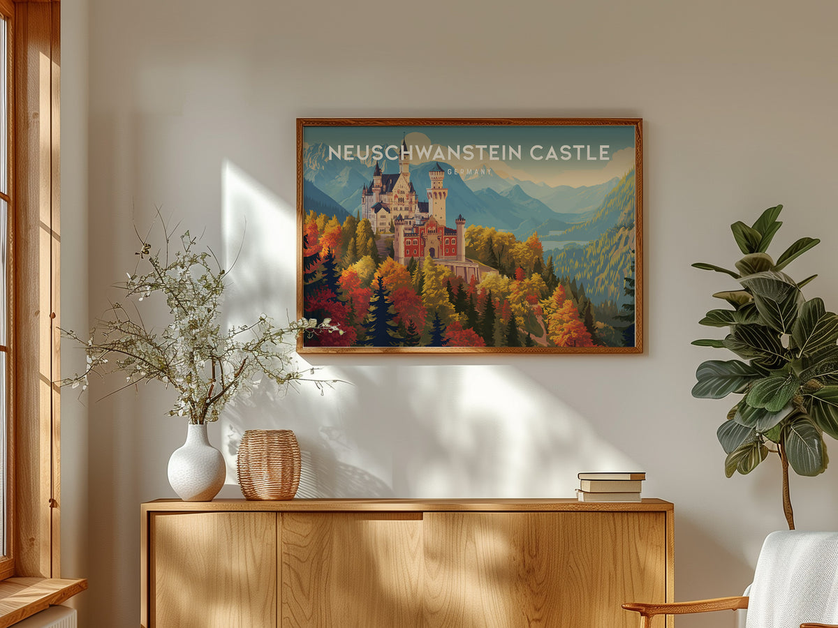 Neuschwanstein Castle Landscape Poster | Germany Travel Gift Alpine Wall Art — framed and ready to hang