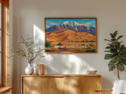 Great Sand Dunes, Colorado Landscape Poster | Sweeping Sands Destination Print Wall Art — framed and ready to hang