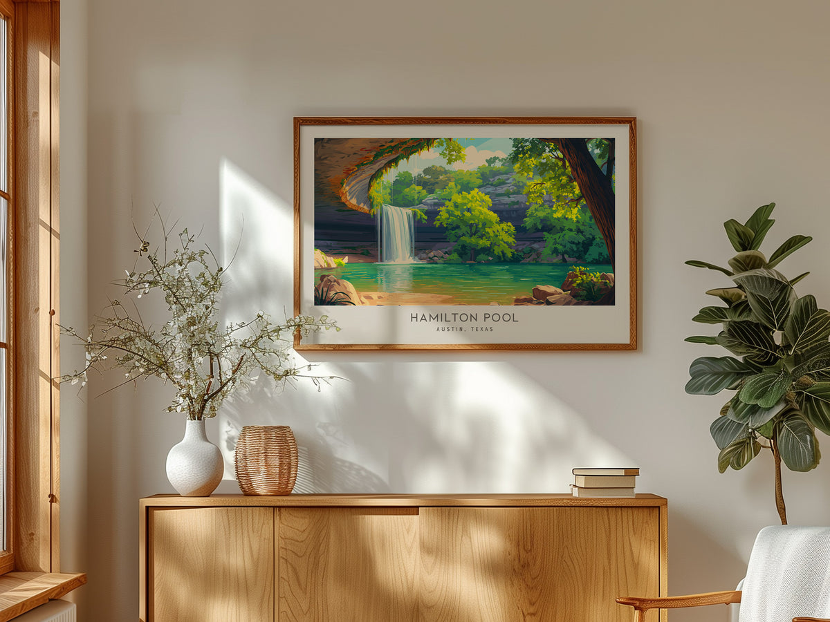 Hamilton Pool Landscape Matte Border Poster | Austin, Texas Travel Gift & Natural Grotto Wall Art — framed and ready to hang