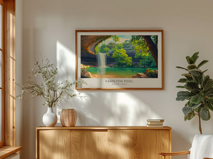 Hamilton Pool Landscape Matte Border Poster | Austin, Texas Travel Gift & Natural Grotto Wall Art — framed and ready to hang