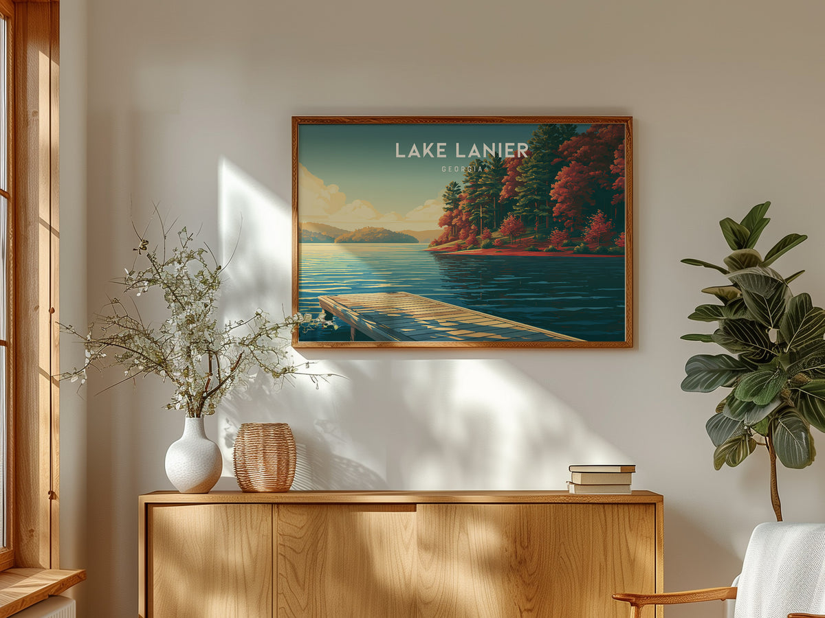 Lake Lanier, Georgia Landscape Poster | Scenic Lake House Beach House Decor Wall Art — framed and ready to hang