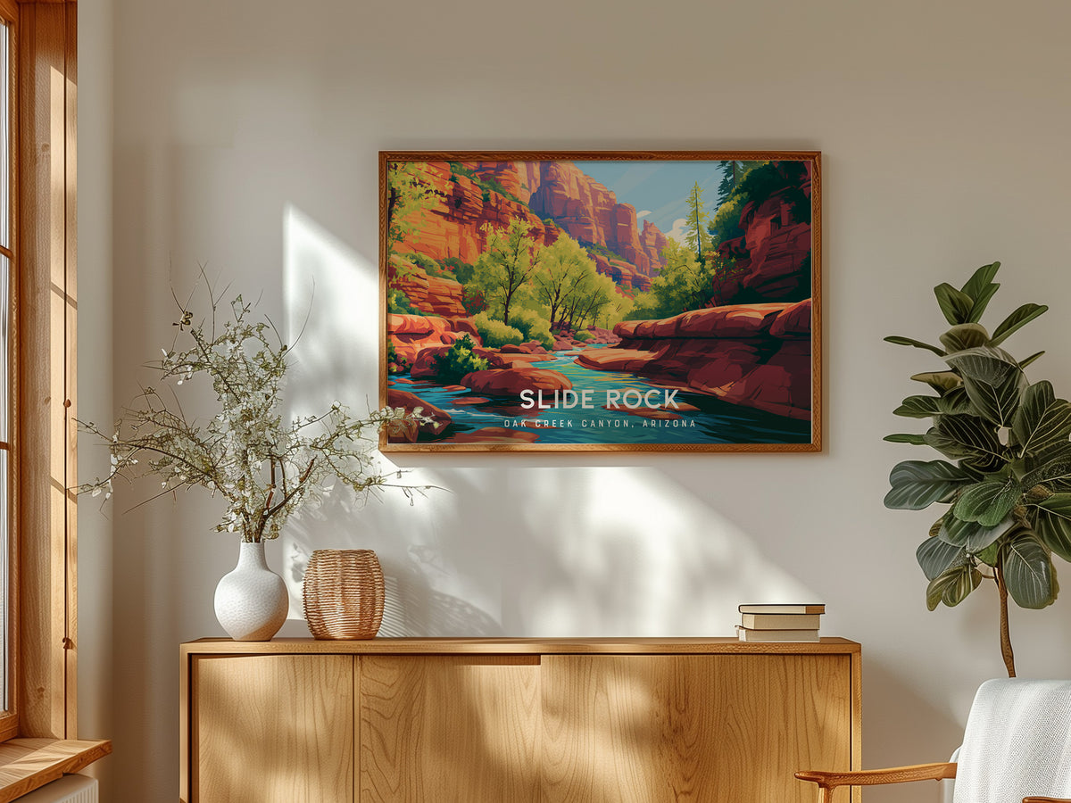 Slide Rock, Oak Creek Canyon, Arizona Landscape Poster | Desert Swimming Hole Destination Print Wall Art — framed and ready t