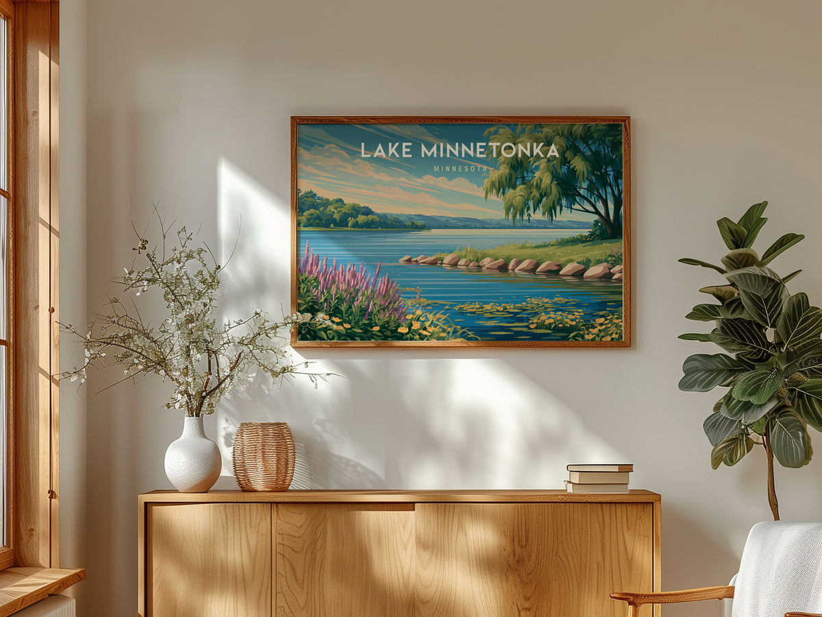 Lake Minnetonka, Minnesota Landscape Poster | Travel Gift Destination Print Wall Art — framed and ready to hang
