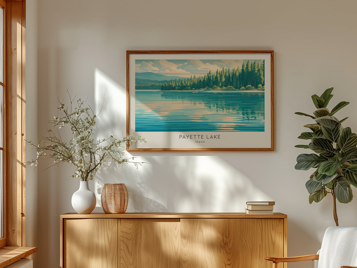 Payette Lake Landscape Matte Border Poster | Idaho Beach House Decor — framed and ready to hang