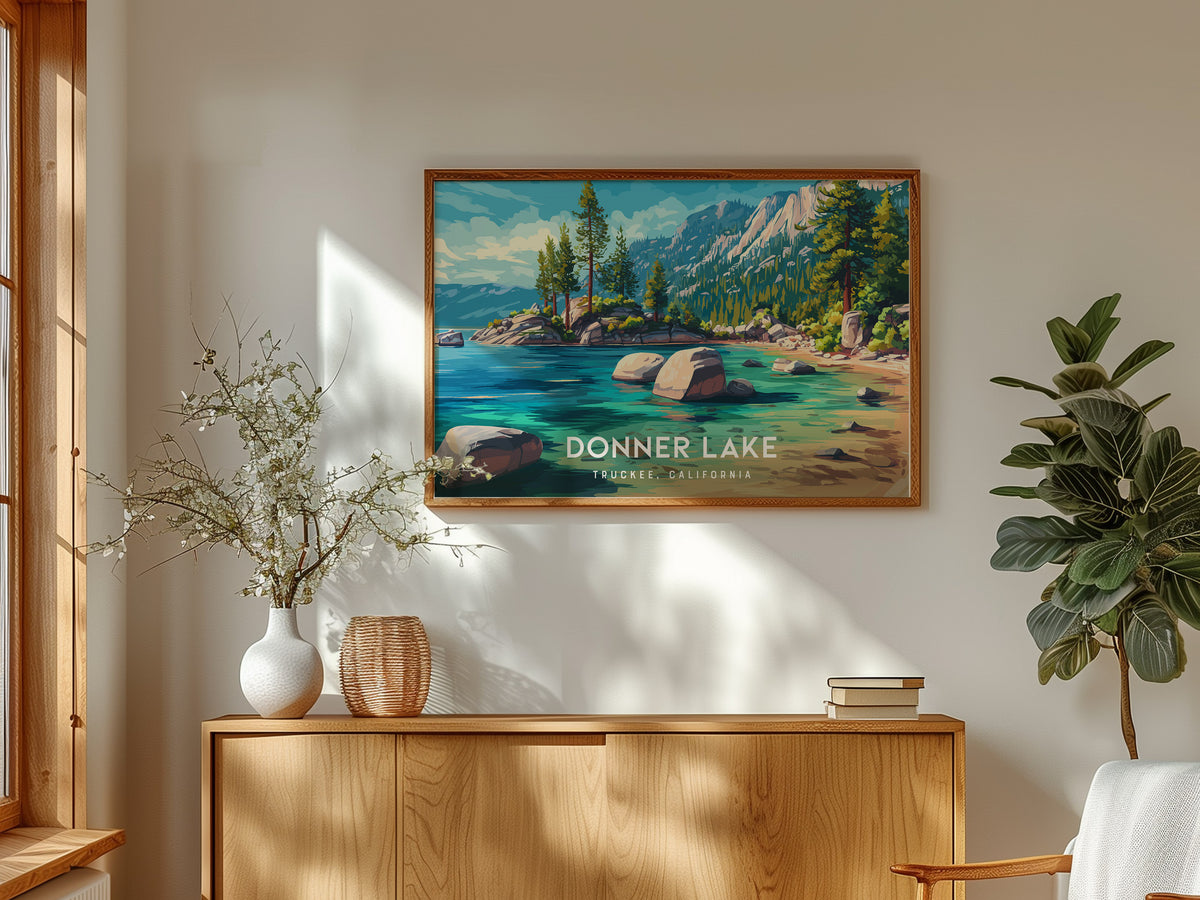Donner Lake Landscape Poster | Truckee, California Vacation Wall Art — framed and ready to hang