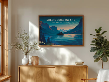 Wild Goose Island Landscape Poster | Saint Mary Lake, Montana Framed or Unframed Vacation Wall Art — framed and ready to hang