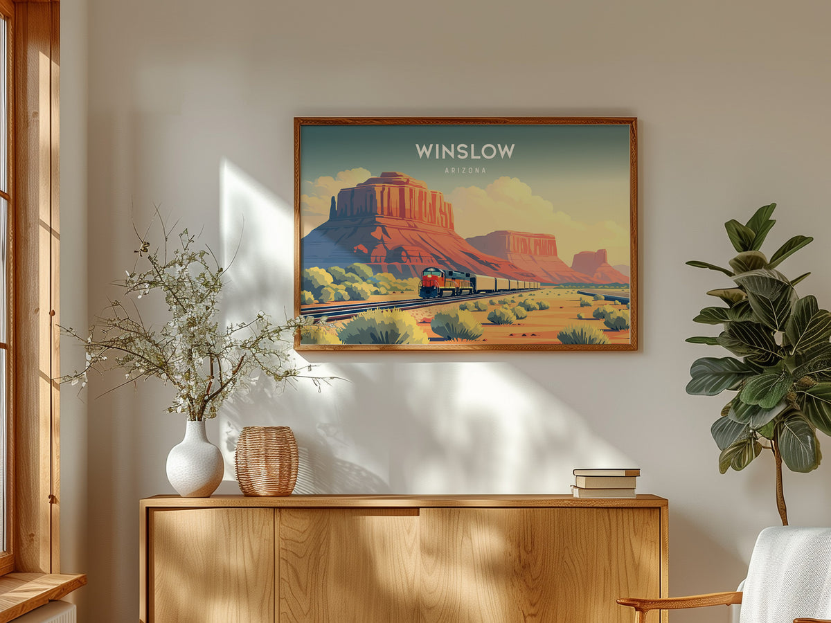 Winslow, Arizona Landscape Poster | Standin' on the Corner Travel Gift Wall Art — framed and ready to hang