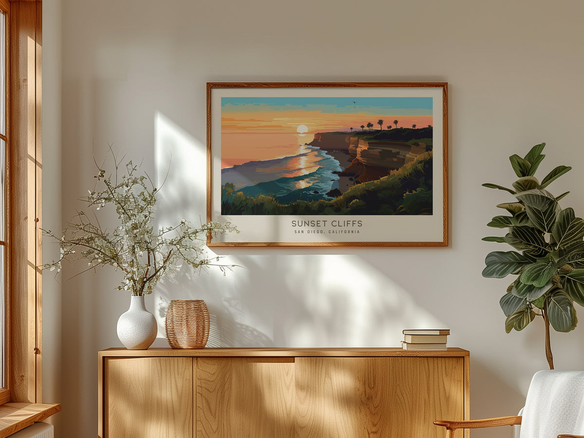Sunset Cliffs Landscape Matte Border Poster | San Diego, California Travel Wall Art — framed and ready to hang