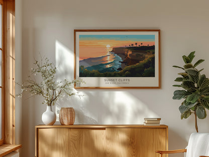 Sunset Cliffs Landscape Matte Border Poster | San Diego, California Travel Wall Art — framed and ready to hang
