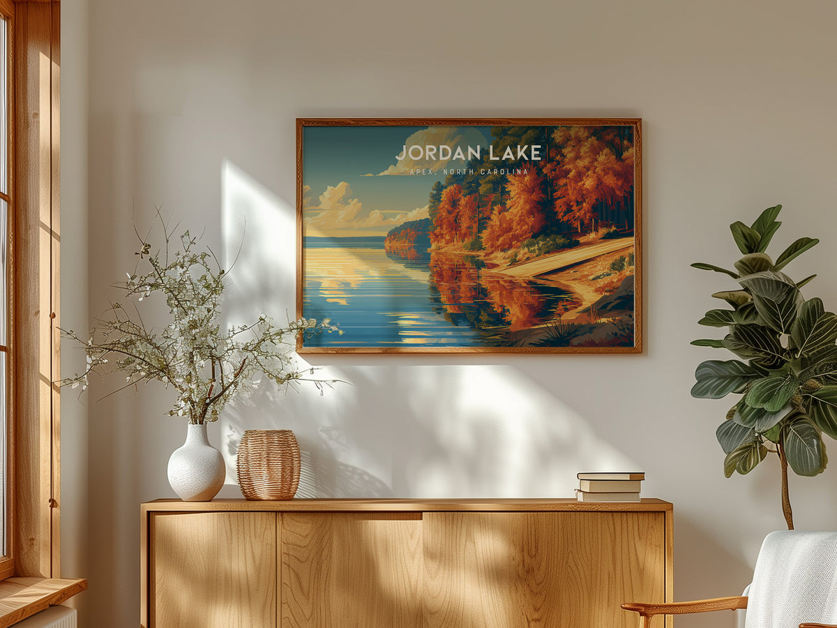Jordan Lake Landscape Poster | Apex, North Carolina Framed or Unframed Beach House Decor — framed and ready to hang