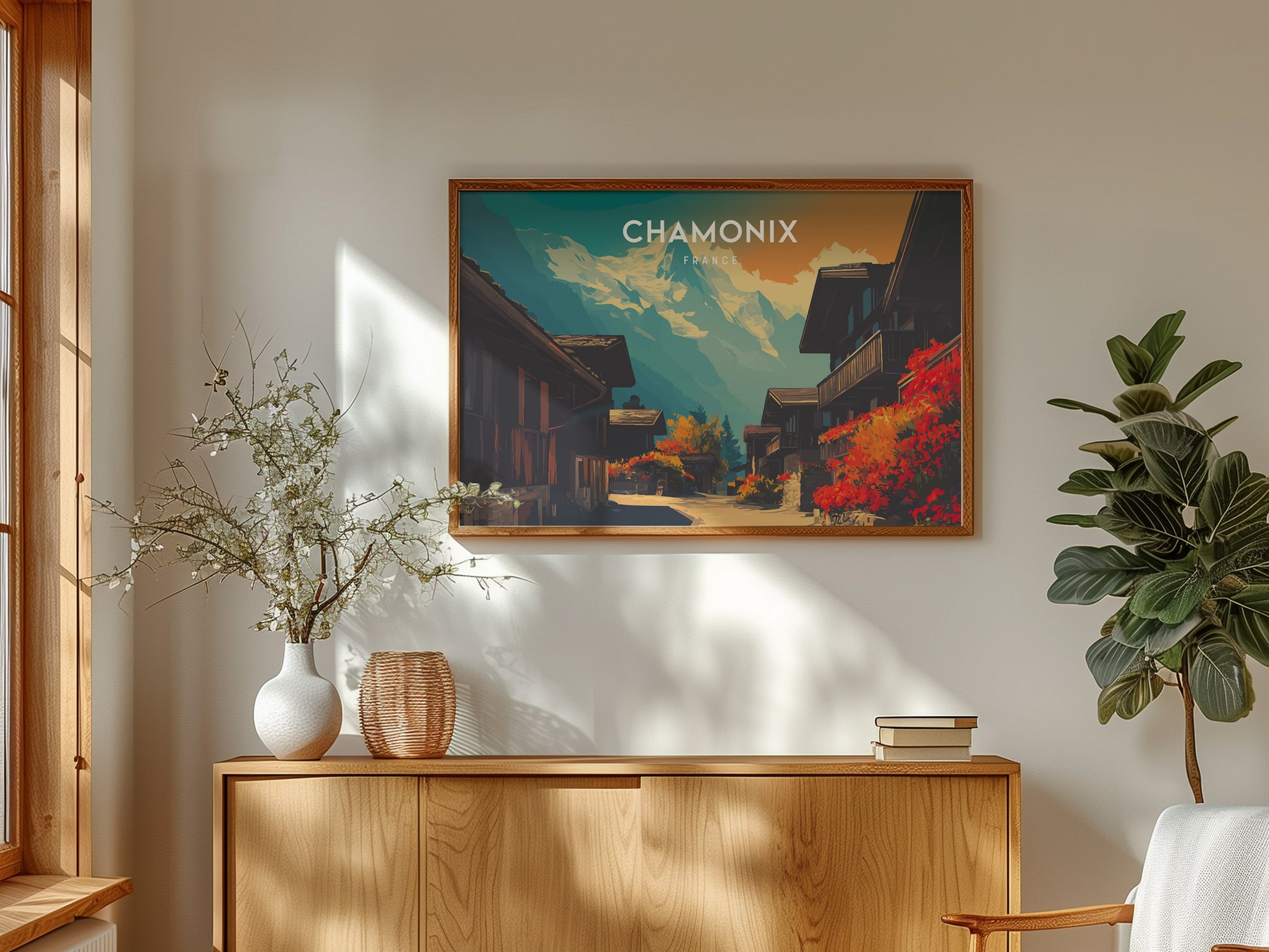 Chamonix, France Landscape Poster | Snow-Capped Alps Vacation Wall Art — framed and ready to hang