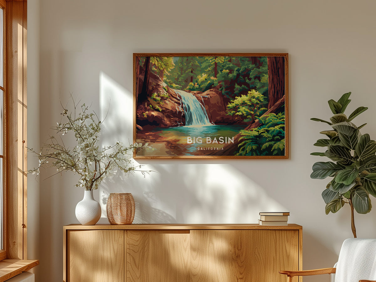Big Basin Redwoods, California Landscape Poster | Ancient Forest Travel Wall Art — framed and ready to hang