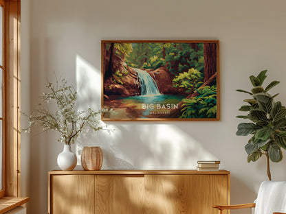 Big Basin Redwoods, California Landscape Poster | Ancient Forest Travel Wall Art — framed and ready to hang