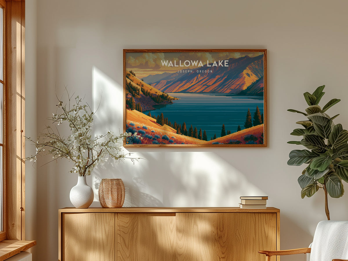 Wallowa Lake Landscape Poster | Joseph, Oregon Vacation Wall Art — framed and ready to hang