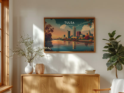 Tulsa, Oklahoma Landscape Poster | Golden Driller & Downtown Vacation Wall Art — framed and ready to hang