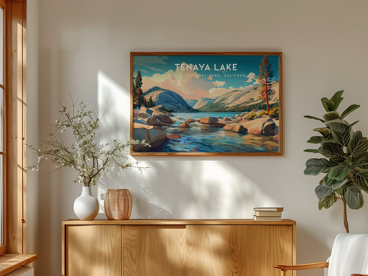 Tenaya Lake Landscape Poster | Yosemite National Park, California Travel Wall Art — framed and ready to hang