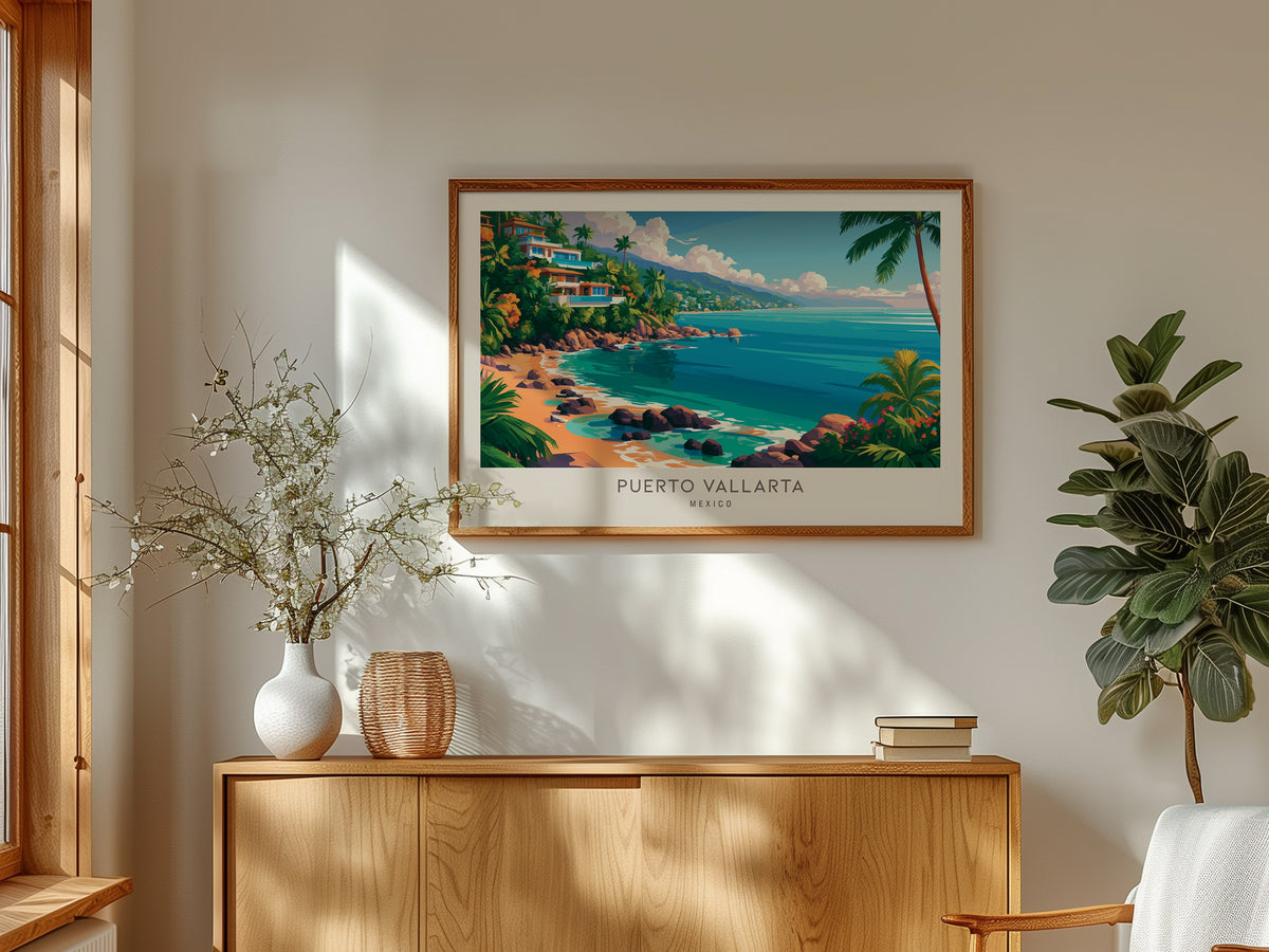 Puerto Vallarta Landscape Matte Border Poster | Mexico Coastal Beach Decor Framed or Unframed — framed and ready to hang