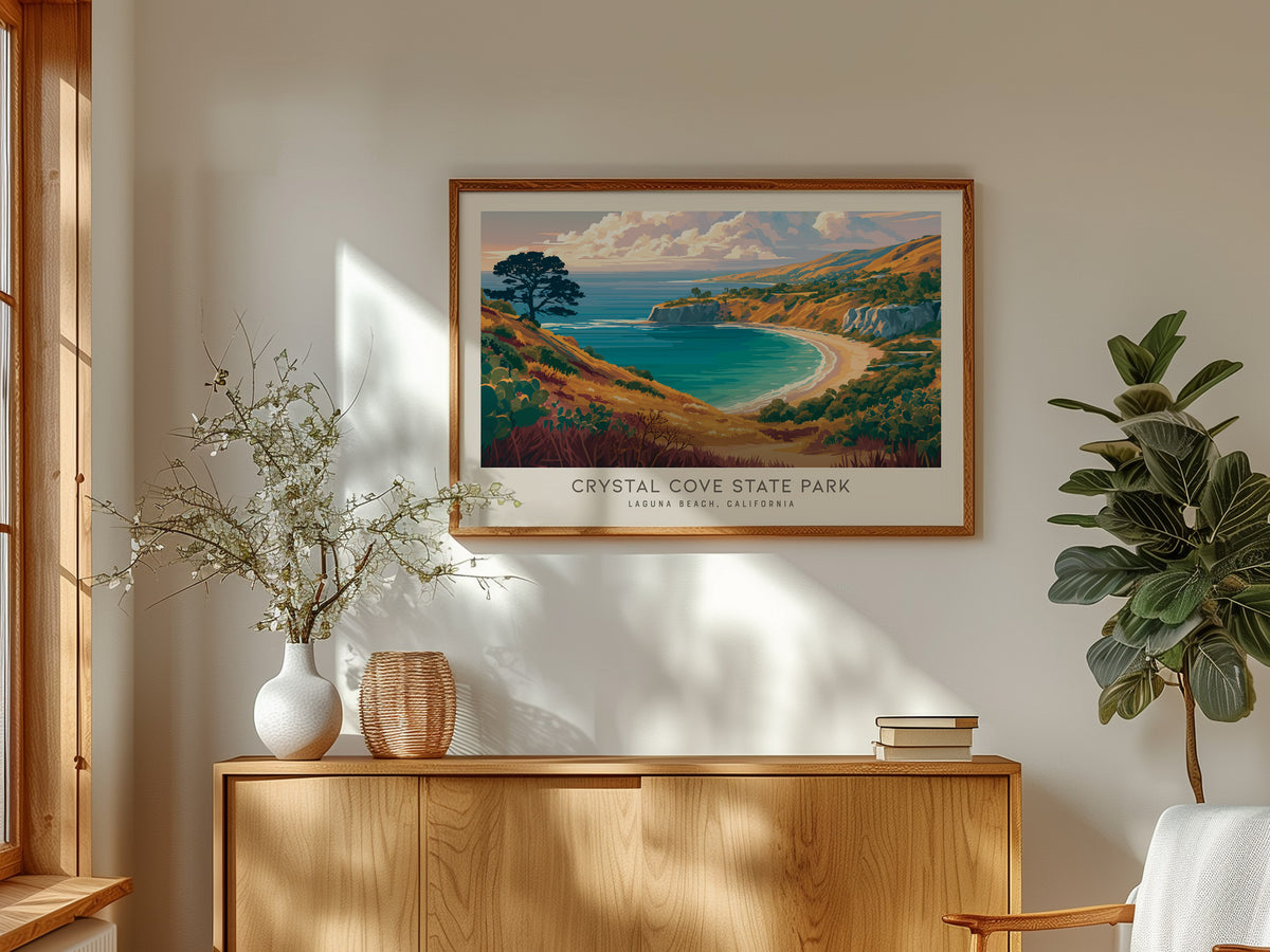 Crystal Cove State Park Landscape Matte Border Poster | Beach House Decor Laguna Beach, California Vacation Wall Art — framed
