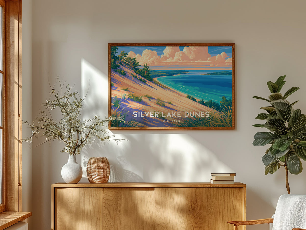 Silver Lake Dunes, Michigan Landscape Poster | Beach House Decor & Scenic Wall Art — framed and ready to hang