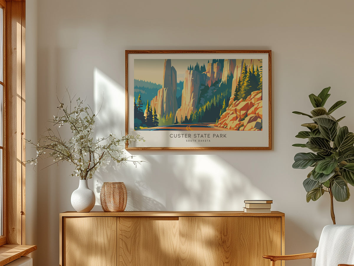 Custer State Park Landscape Matte Border Poster | South Dakota Needles Highway Destination Print — framed and ready to hang