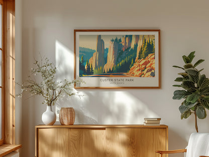 Custer State Park Landscape Matte Border Poster | South Dakota Needles Highway Destination Print — framed and ready to hang