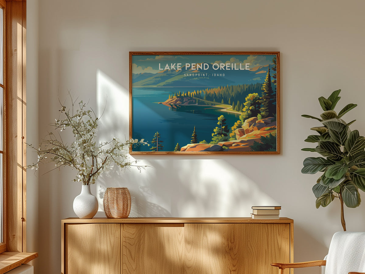 Lake Pend Oreille Landscape Poster | Sandpoint, Idaho Travel Wall Art — framed and ready to hang