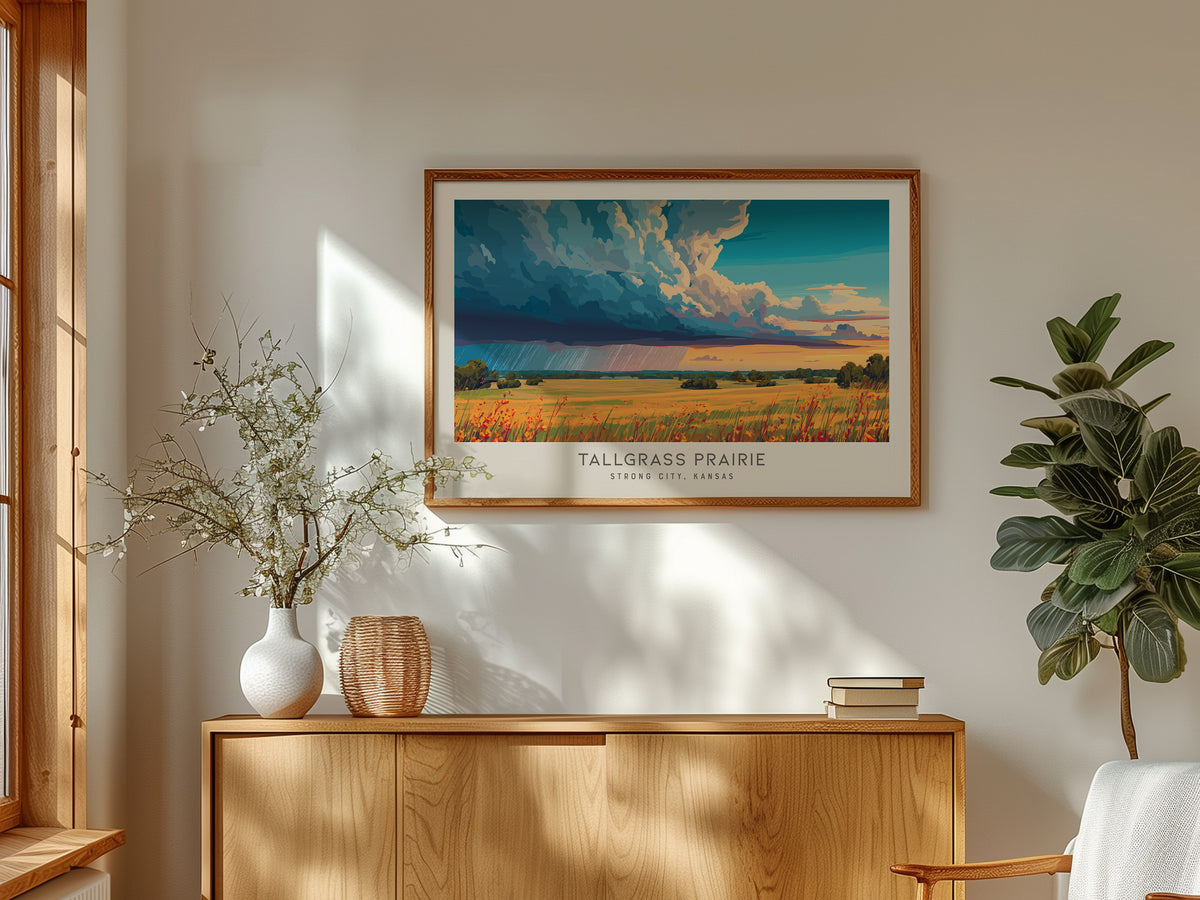 Tallgrass Prairie Landscape Matte Border Poster | Strong City, Kansas Framed or Unframed Travel Gift — framed and ready to ha