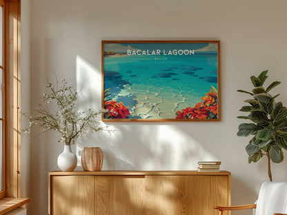 Bacalar Lagoon Landscape Poster | Mexico Vacation Wall Art Destination Print — framed and ready to hang