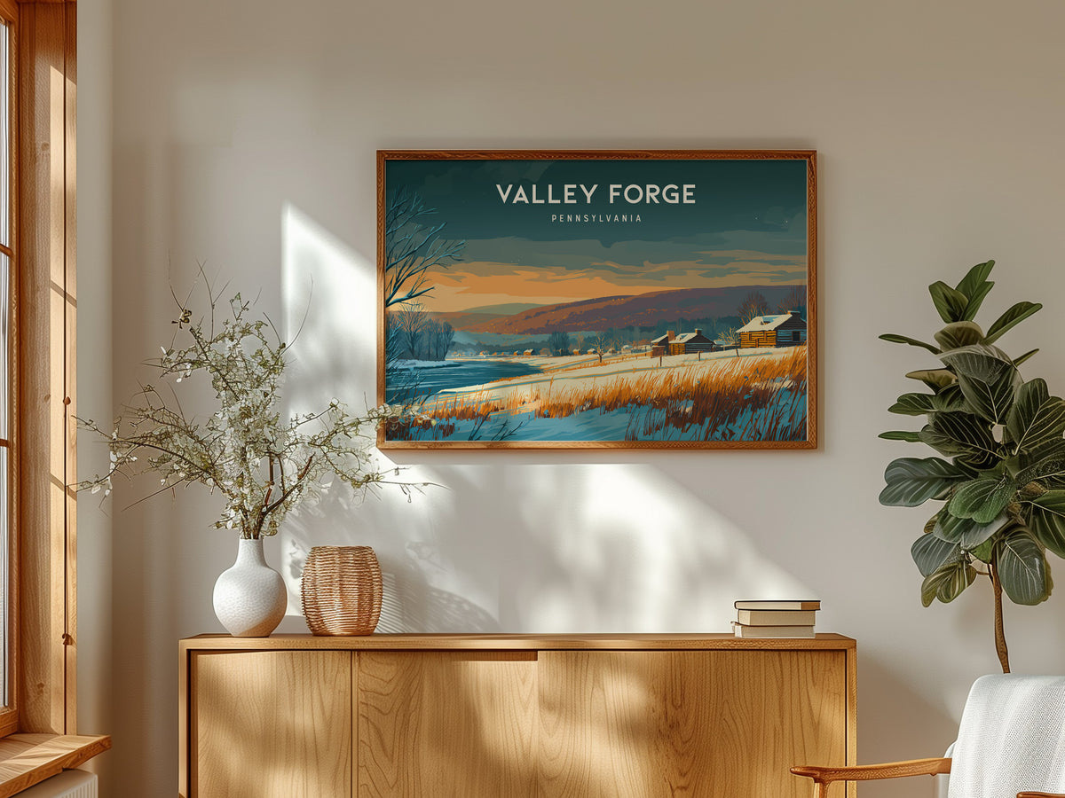 Valley Forge, Pennsylvania Landscape Poster | Revolutionary War Park Vacation Wall Art — framed and ready to hang