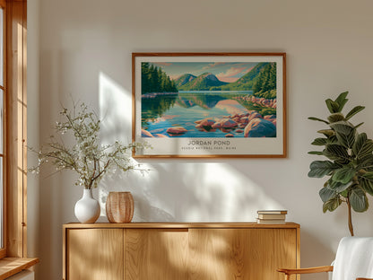 Jordan Pond Landscape Matte Border Poster | Acadia National Park, Maine Travel Wall Art — framed and ready to hang