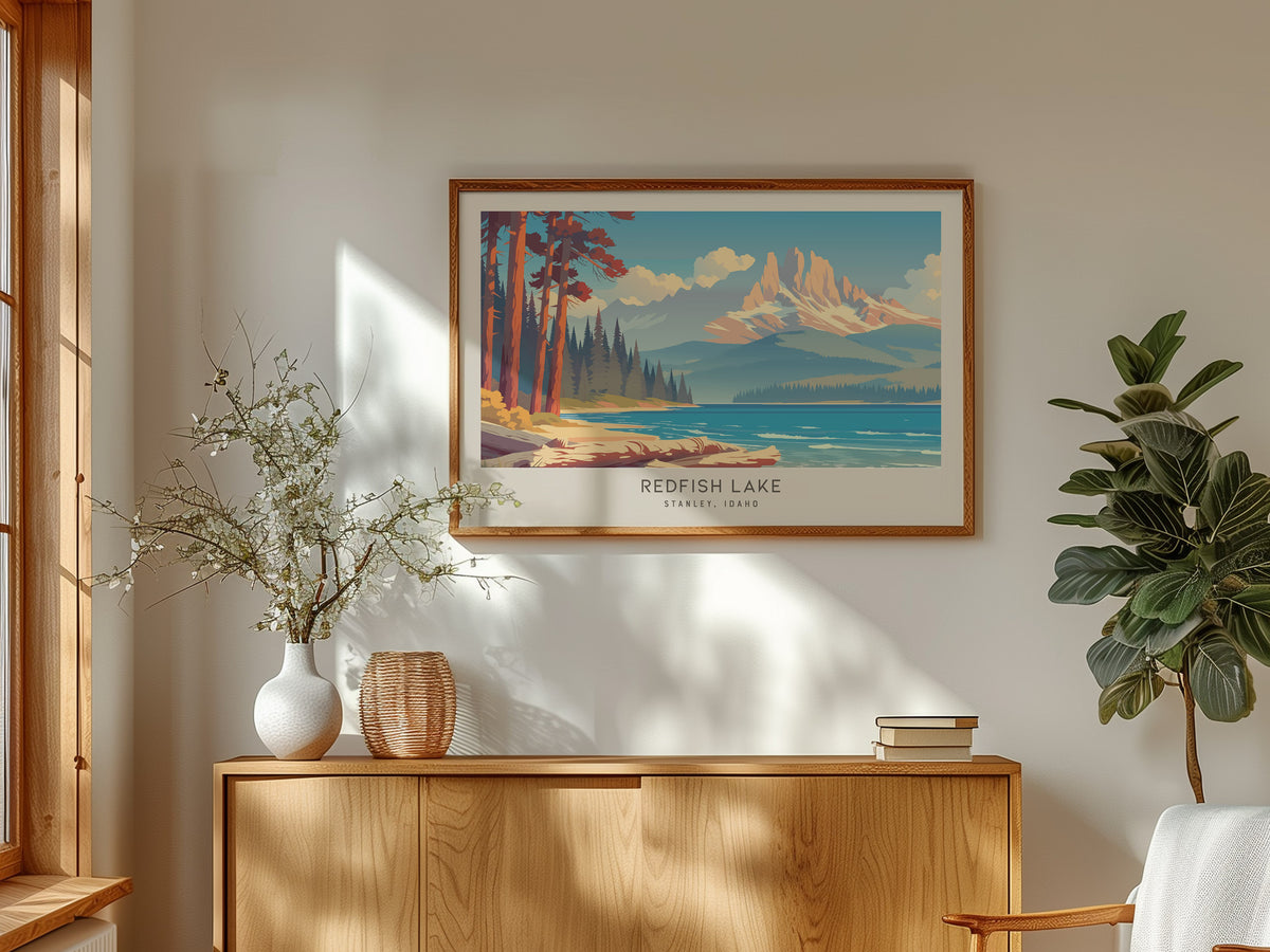Redfish Lake Landscape Matte Border Poster | Stanley, Idaho Framed or Unframed Travel Gift — framed and ready to hang