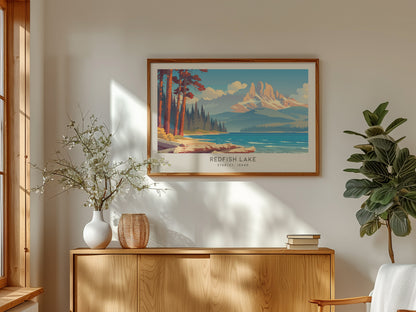 Redfish Lake Landscape Matte Border Poster | Stanley, Idaho Framed or Unframed Travel Gift — framed and ready to hang