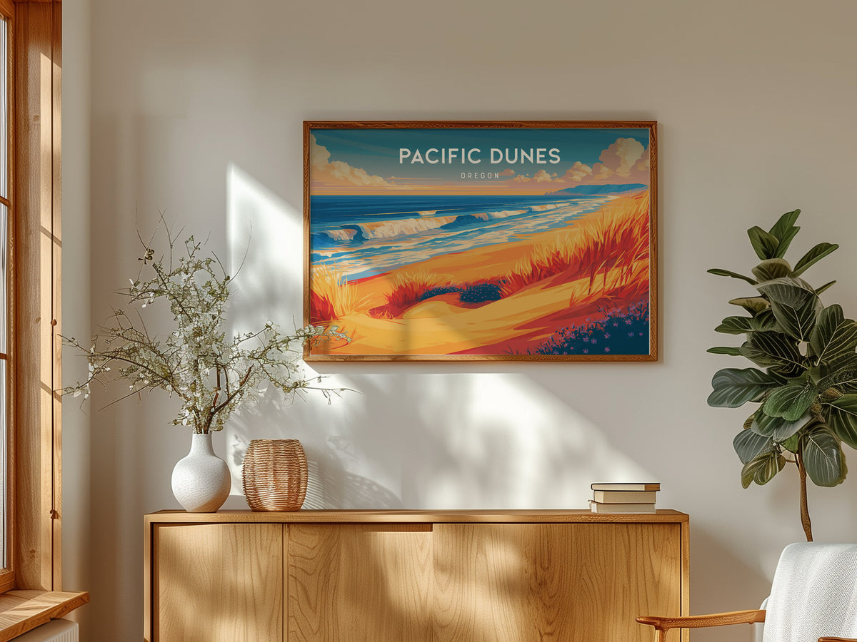 Pacific Dunes, Oregon Landscape Poster | Windswept Dunes Travel Wall Art — framed and ready to hang
