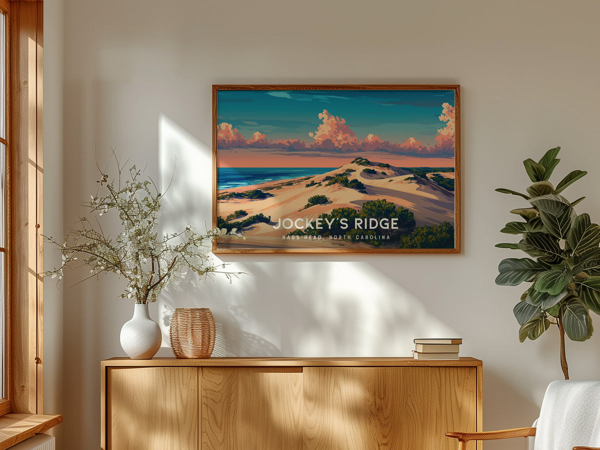 Jockey's Ridge Landscape Poster | Nags Head, North Carolina Destination Print Beach House Decor — framed and ready to hang