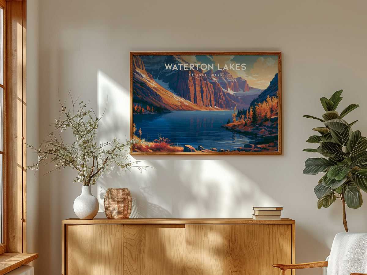 Waterton Lakes Landscape Poster | National Park Vacation Wall Art — framed and ready to hang
