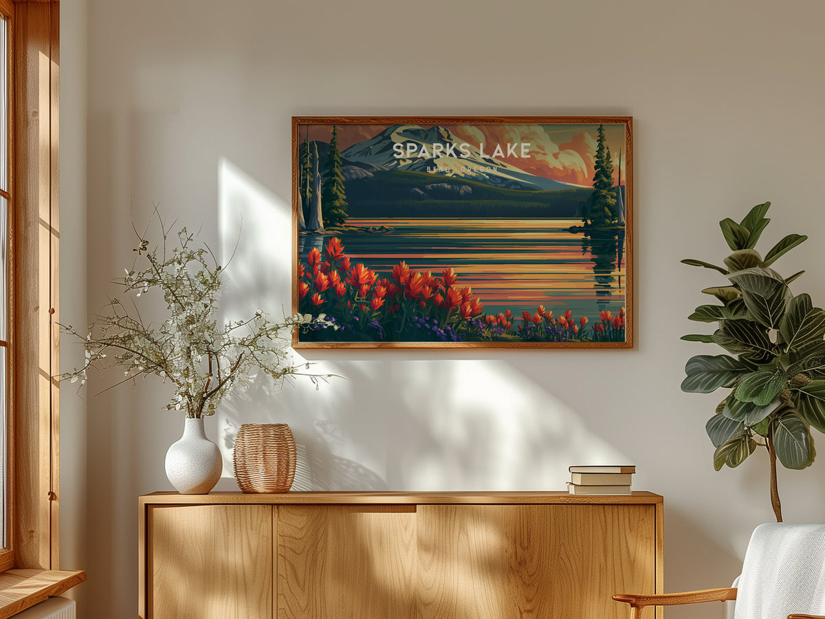 Sparks Lake Landscape Poster | Bend, Oregon Alpine Lake Framed or Unframed Travel Wall Art — framed and ready to hang