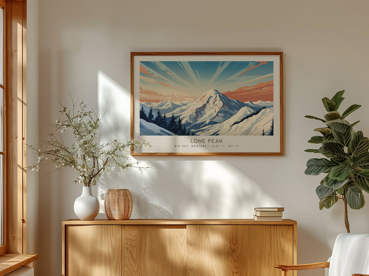 Lone Peak Landscape Matte Border Poster | Big Sky, Montana Travel Wall Art — framed and ready to hang
