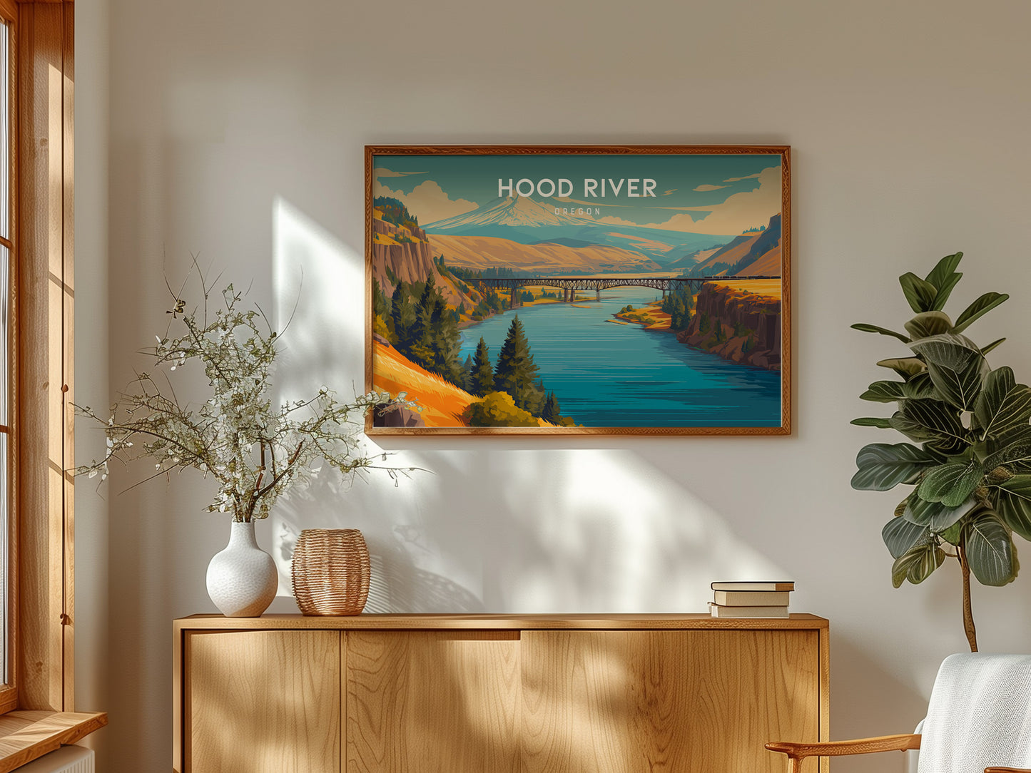 Hood River, Oregon Landscape Poster | Columbia River Gorge Destination Print Wall Art — framed and ready to hang