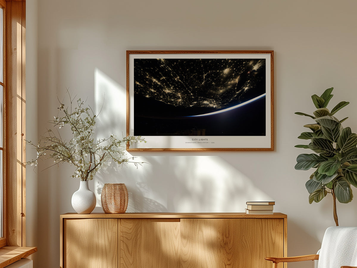 City Lights Landscape Poster | NASA International Space Station Astronomy Print Wall Art — framed and ready to hang