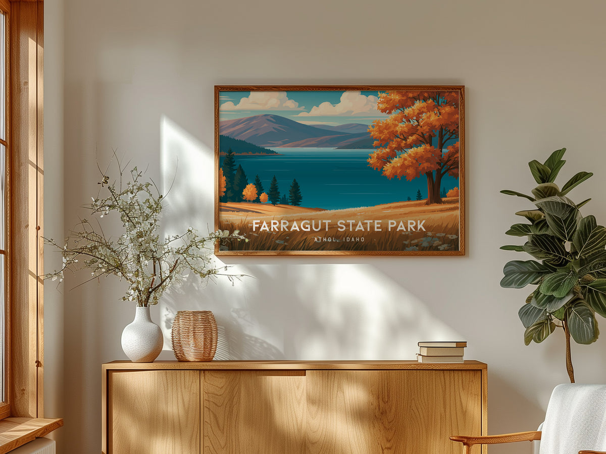 Farragut State Park Landscape Poster | Athol, Idaho Lakeside Pine Forest Framed or Unframed Wall Art — framed and ready to ha