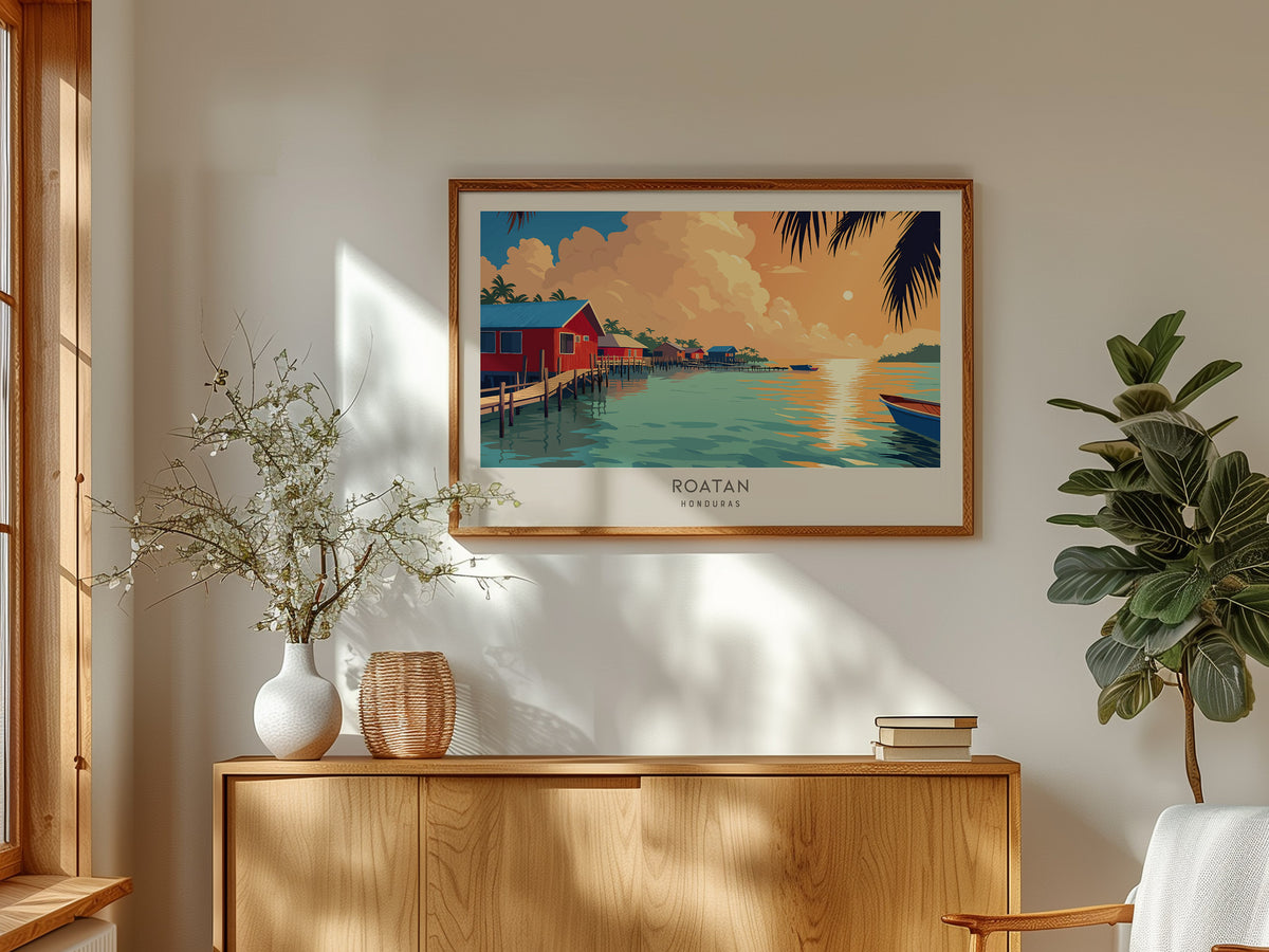Roatan Landscape Matte Border Poster | Honduras Vacation Wall Art Beach House Decor — framed and ready to hang