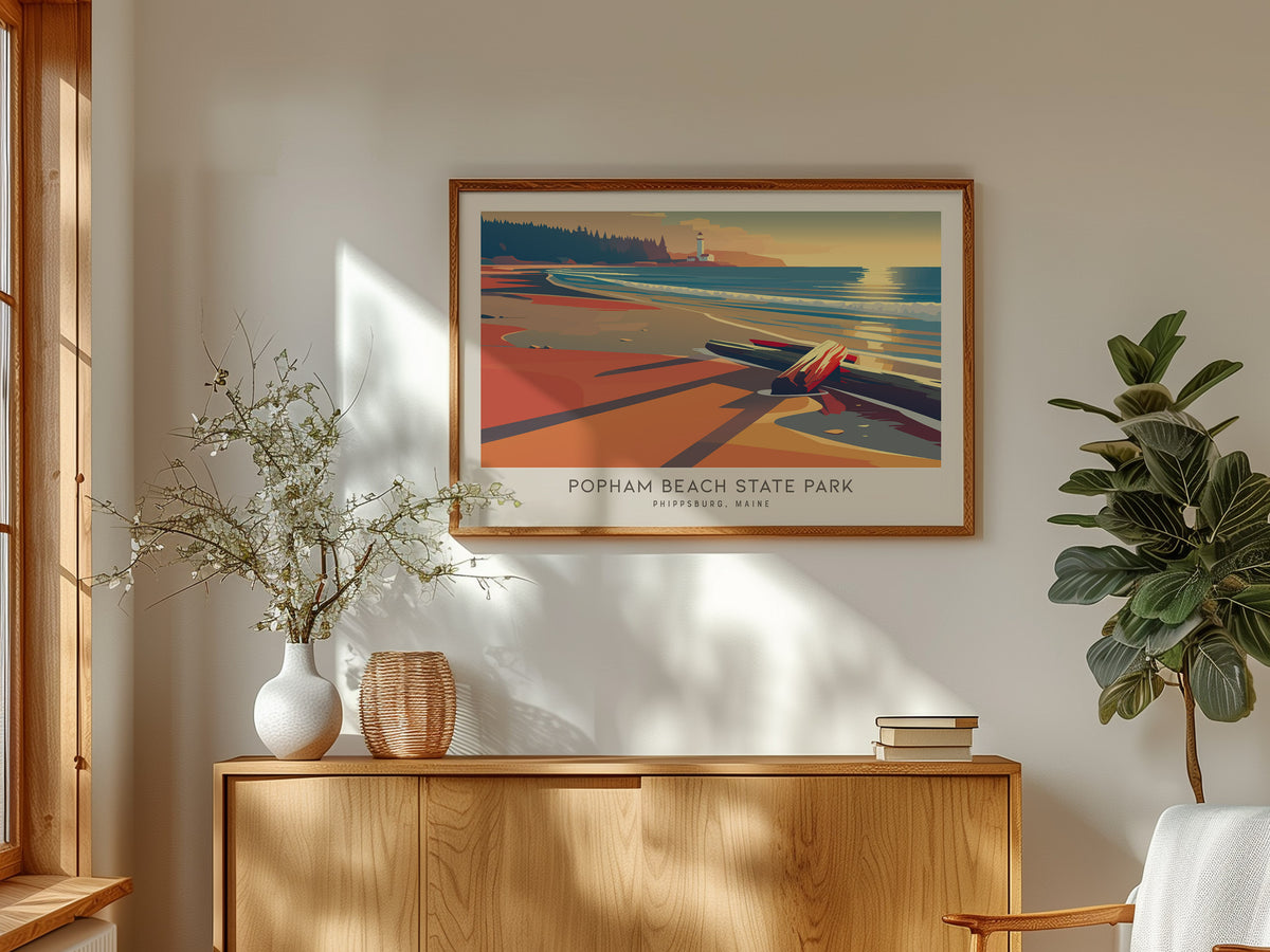 Popham Beach State Park Landscape Matte Border Poster | Phippsburg, Maine Travel Wall Art — framed and ready to hang