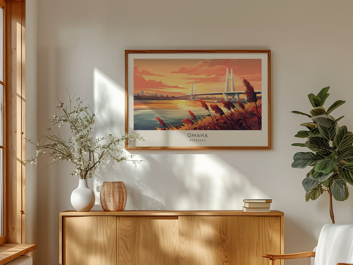 Omaha Landscape Matte Border Poster | Nebraska Framed or Unframed Vacation Wall Art — framed and ready to hang